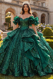 Sparkly Dark Green Off the Shoulder Ruffled Ball Gown Quinceanera Dress