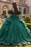 Sparkly Dark Green Off the Shoulder Ruffled Ball Gown Quinceanera Dress
