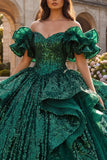 Sparkly Dark Green Off the Shoulder Ruffled Ball Gown Quinceanera Dress