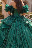 Sparkly Dark Green Off the Shoulder Ruffled Ball Gown Quinceanera Dress