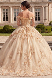 Champagne Off The Shoulder Corset Ball Gown Quinceanera Dress with 3D Flowers