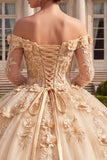 Champagne Off The Shoulder Corset Ball Gown Quinceanera Dress with 3D Flowers