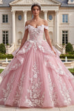 Pink Off the Shoulder Ruffled 3D Flowers Ball Gown Quinceanera Dress