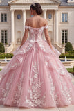Pink Off the Shoulder Ruffled 3D Flowers Ball Gown Quinceanera Dress