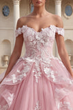 Pink Off the Shoulder Ruffled 3D Flowers Ball Gown Quinceanera Dress