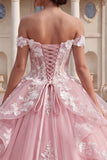 Pink Off the Shoulder Ruffled 3D Flowers Ball Gown Quinceanera Dress