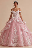 Pink Off the Shoulder Ruffled 3D Flowers Ball Gown Quinceanera Dress
