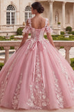 Pink Ball Gown Cold Shoulder Corset Quinceanera Dress