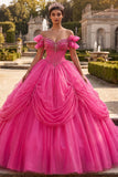 Fuchsia Off the Shoulder Beaded Corset Ball Gown Quinceanera Dress