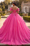 Fuchsia Off the Shoulder Beaded Corset Ball Gown Quinceanera Dress