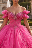 Fuchsia Off the Shoulder Beaded Corset Ball Gown Quinceanera Dress