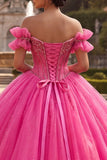 Fuchsia Off the Shoulder Beaded Corset Ball Gown Quinceanera Dress