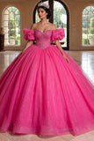 Sparkly Fuchsia Off The Shoulder Corset Ball Gown Quinceanera Dress