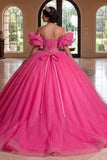 Sparkly Fuchsia Off The Shoulder Corset Ball Gown Quinceanera Dress