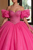 Sparkly Fuchsia Off The Shoulder Corset Ball Gown Quinceanera Dress