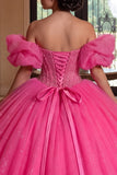 Sparkly Fuchsia Off The Shoulder Corset Ball Gown Quinceanera Dress