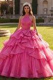 Halter Fuchsia Ball Gown Ruffled Quinceanera Dress with Bow