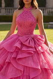 Halter Fuchsia Ball Gown Ruffled Quinceanera Dress with Bow