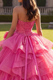 Halter Fuchsia Ball Gown Ruffled Quinceanera Dress with Bow