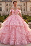 Pink Off The Shoulder Ball Gown Ruffled Quinceanera Dress with 3D Butterflys
