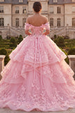 Pink Off The Shoulder Ball Gown Ruffled Quinceanera Dress with 3D Butterflys
