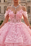 Pink Off The Shoulder Ball Gown Ruffled Quinceanera Dress with 3D Butterflys
