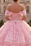 Pink Off The Shoulder Ball Gown Ruffled Quinceanera Dress with 3D Butterflys