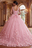 Pink Wide Straps Ball Gown Appliqued Quinceanera Dress with 3D Butterflys