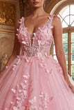 Pink Wide Straps Ball Gown Appliqued Quinceanera Dress with 3D Butterflys