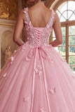 Pink Wide Straps Ball Gown Appliqued Quinceanera Dress with 3D Butterflys