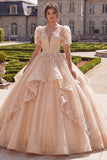 Champagne Ball Gown V-Neck Quinceanera Dress with Puff Sleeves