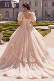 Champagne Ball Gown V-Neck Quinceanera Dress with Puff Sleeves