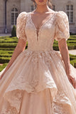 Champagne Ball Gown V-Neck Quinceanera Dress with Puff Sleeves