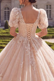 Champagne Ball Gown V-Neck Quinceanera Dress with Puff Sleeves