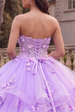 Strapless Lilac Ball Gown Ruffled Quinceanera Dress with 3D Flowers
