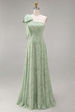 Dusty Sage One Shoulder A-Line Long Floral Bridesmaid Dress with Bow