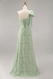 Dusty Sage One Shoulder A-Line Long Floral Bridesmaid Dress with Bow