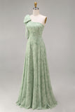 Dusty Sage One Shoulder A-Line Long Floral Bridesmaid Dress with Bow