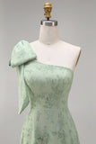 Dusty Sage One Shoulder A-Line Long Floral Bridesmaid Dress with Bow