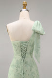 Dusty Sage One Shoulder A-Line Long Floral Bridesmaid Dress with Bow
