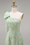 Dusty Sage One Shoulder A-Line Long Floral Bridesmaid Dress with Bow