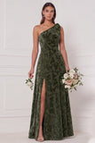 Dark Green A-Line One Shoulder Burnout Velvet Long Bridesmaid Dress with Side Slit