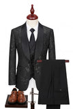 Blue 3 Piece Jacquard Shawl Lapel Men's Suits