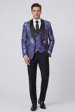 Blue 3 Piece Jacquard Shawl Lapel Men's Suits