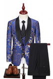Blue 3 Piece Jacquard Shawl Lapel Men's Suits