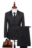 Black Jacquard 2 Piece Shawl Lapel Double Breasted Men's Wedding Suits