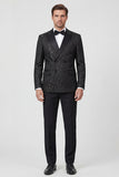 Black 2 Piece Double Breasted Peak Lapel Jacquard Men's Wedding Suits