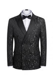 Black 2 Piece Double Breasted Peak Lapel Jacquard Men's Wedding Suits