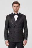Black 2 Piece Double Breasted Peak Lapel Jacquard Men's Wedding Suits