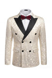 Black 2 Piece Double Breasted Peak Lapel Jacquard Men's Wedding Suits